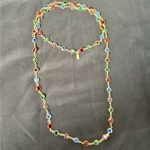 Vintage Swan Swarovski Multicolor Crystals Bezel Set Necklace 32" Gold Tone